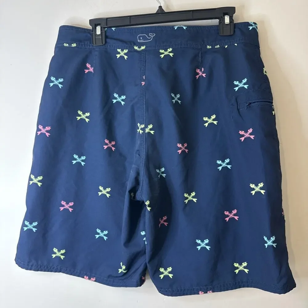 Vineyard Vines Board Shorts Men's Sz 33 Navy Blue All Over Print Fish Bones Swim